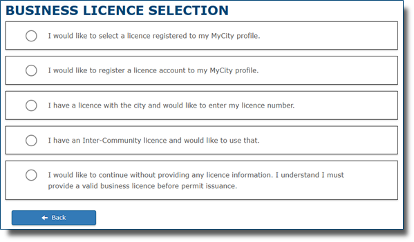 Screenshot of WICS eApply business licence selection page
