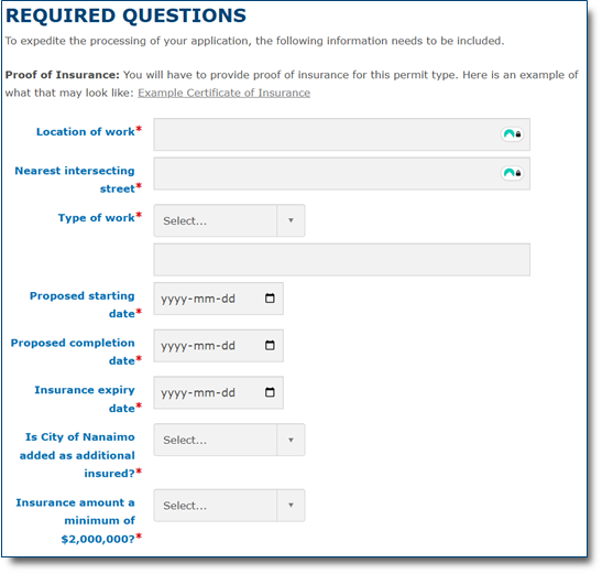 Screenshot of required questions for Works in City Streets eApply page