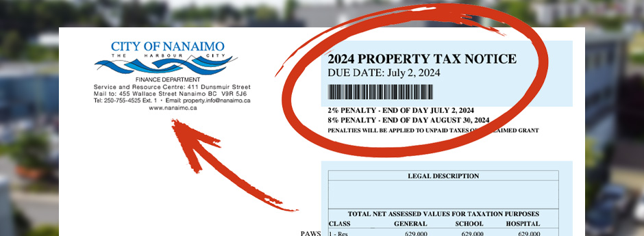 An image of the top of a property tax bill with the July 2, 2024 due date circled in red