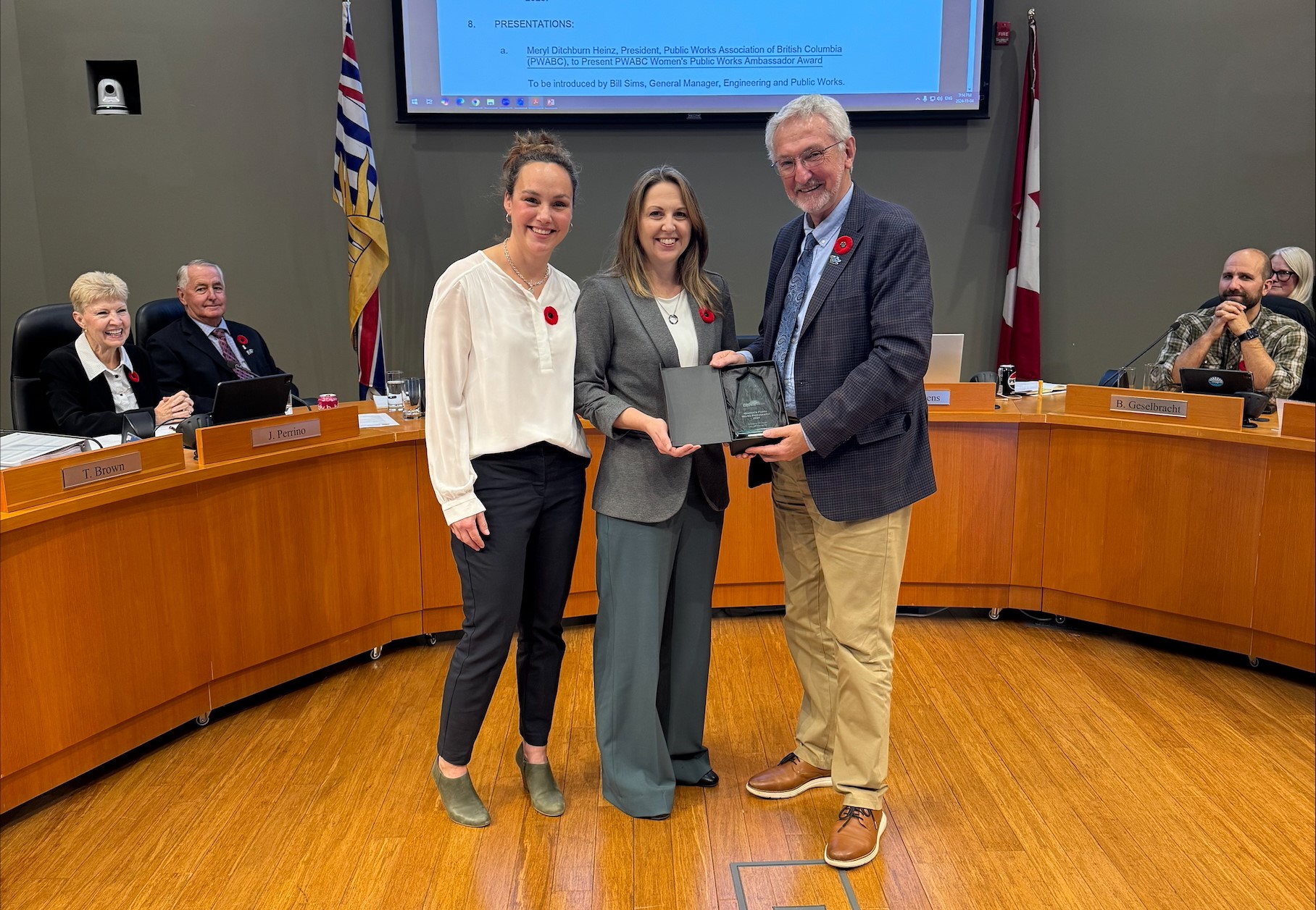 Mayor Krog and Public Works Association of BC President presenting award to staff member